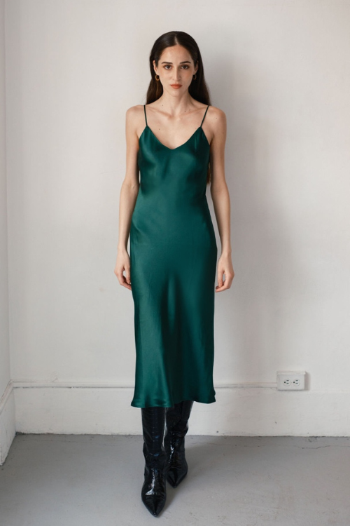 Classic Silk Satin Slip Dress Evergreen