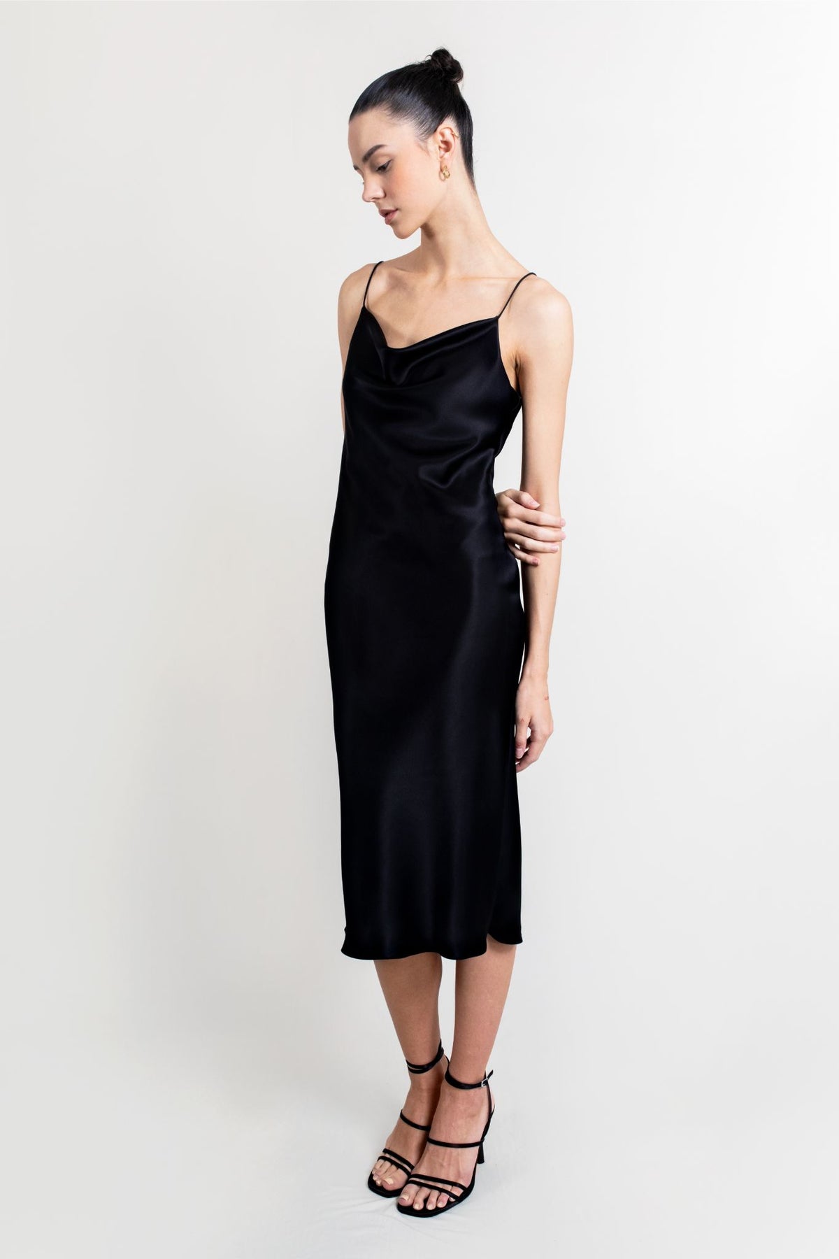 Black cowl outlet neck slip dress