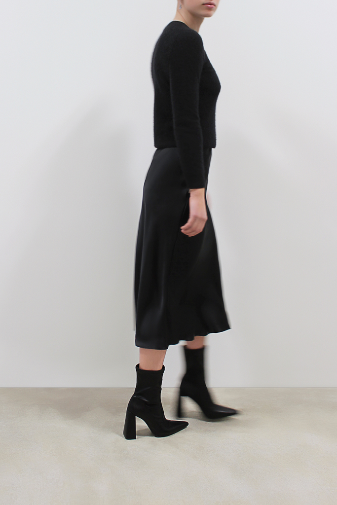 Classic Silk Satin Midi Slip Skirt | Black
