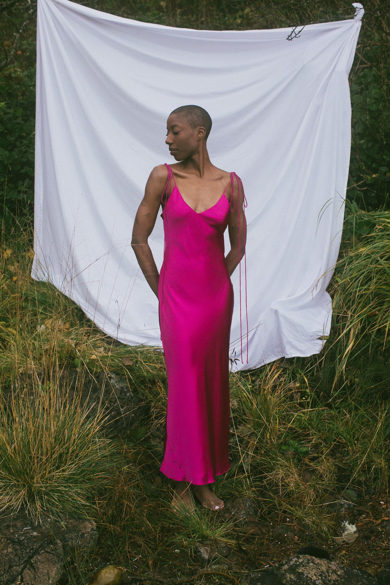 Camellia Bias Cut Fuschia Silk Dress