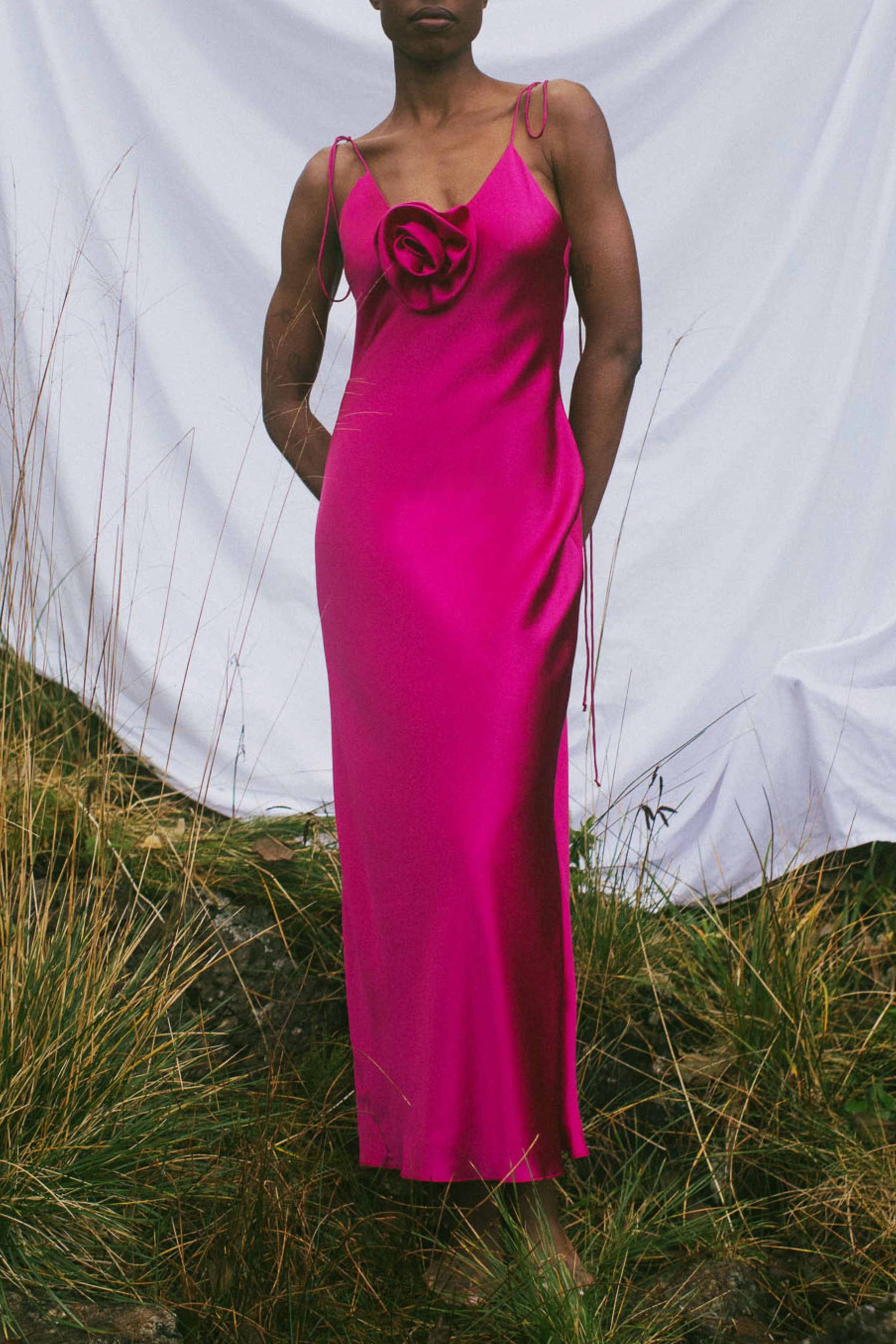 Camellia Bias Cut Fuschia Silk Dress