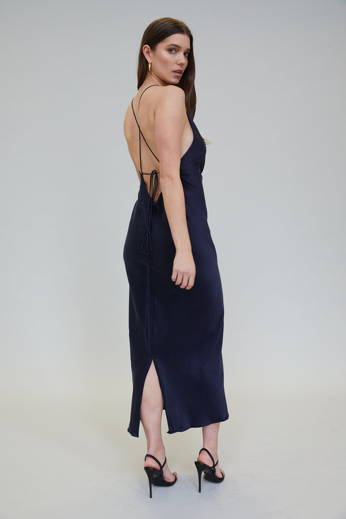 SAMPLE SALE Draped Low Back Long Dress | Charcoal Sueded | XS