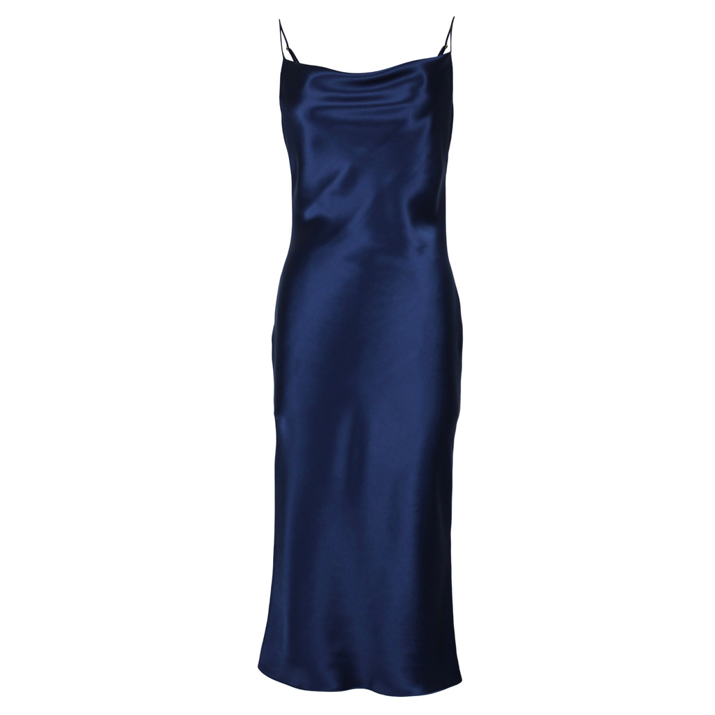 Mandy Silk Satin Cowl Neck Slip Dress | Navy