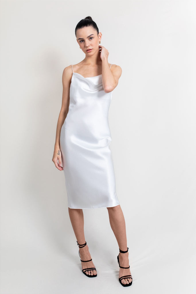 Mandy Silk Satin Cowl Neck Slip Dress, White