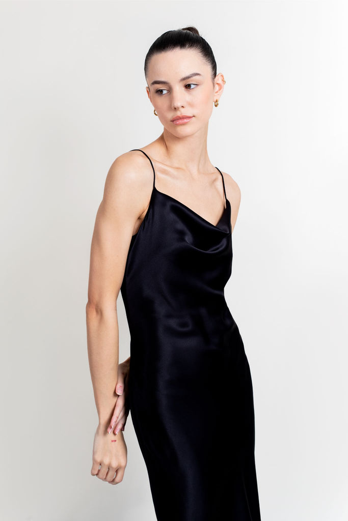 Mandy Silk Satin Cowl Neck Slip Dress | Black