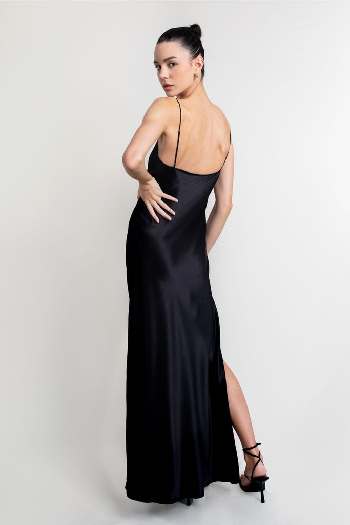 Isla Silk Satin Evening Gown | Black