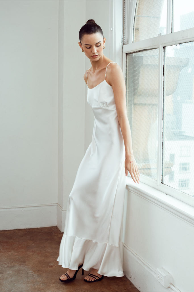 Thea Gown Cowl Neck, Low Back. Silk Crepe Slip Wedding Dress Cut
